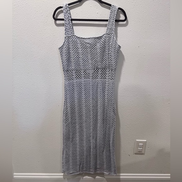 lucy paris crochet dress Lucy Paris Siesta Halter Keyhole Sweetheart Neck 34 Sleeve Tie Back Detail Crochet Sheath Dress, Womens, L, Beige
